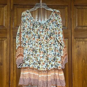 Floral Boho Blouse with Orange Accents